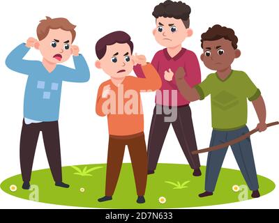 Angry kids. Bad boys confronting and bullying smaller children vector illustration. Boy bully behavior, kids aggressive Stock Vector