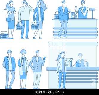 Queue grocery. People standing waiting in line to cash register in store supermarket, queue to ticket window. Vector concept. Illustration of people queue in supermarket or grocery Stock Vector