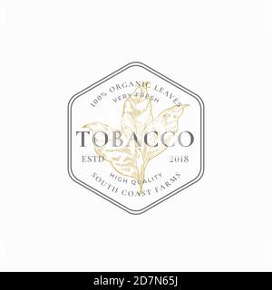 Tobacco Leaf Abstract Vector Sign, Symbol or Logo Template. Herb Branch Sillhouette in a Frame Badge with Retro Typography. Vintage Luxury Emblem. Stock Vector