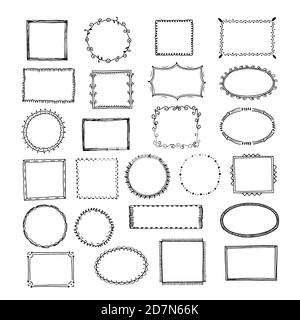 Doodle frames. Square borders sketch lines hand drawn round picture empty frame vintage vector set. Illustration of frame drawing picture, sketched rectangle box Stock Vector