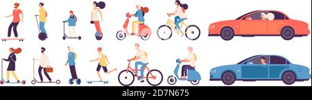 People riding. Man woman with electric vehicles ride motorbike skateboard scooter skate car bicycle roller gyroscooter vector set. Electric car and bicycle riding, vehicle and motorbike illustration Stock Vector