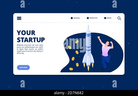 Isometric happy man and spase ship - startup vector landing page template. Startup rocket, development project illustration Stock Vector
