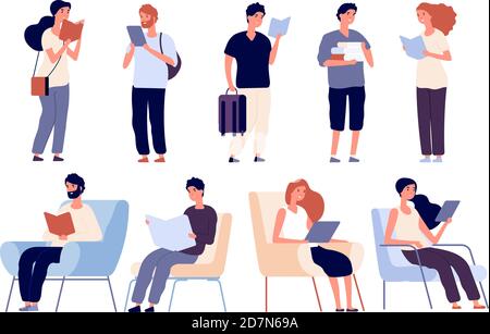 People read books. Group of women and man reading book standing and sitting on chair. Students standing in library vector characters. Illustration of woman and man sitting, reading book and studying Stock Vector