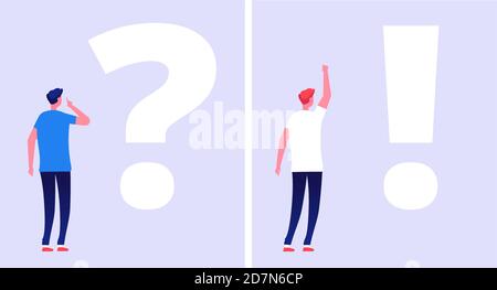 Problem solution concept. Troubled man student thinking with question mark dilemma understand solution business problems doubt vector. Solution problem, exclamation or question, decision illustration Stock Vector