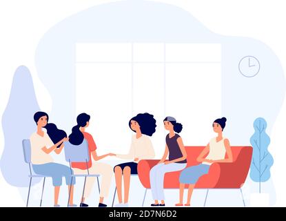 Woman therapy. Females consulting with psychologist depressed women counseling to psychiatrist in group. Psychoanalysis vector concept. Psychiatrist woman, therapy psychology illustration Stock Vector