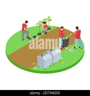 Volunteers take out the trash in the park and plant trees isometric vector concept. Illustration of tree park, volunteer and plant tree Stock Vector