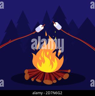 Bonfire and marshmallow. Friends in night camping at campfire. Marshmallow vector concept. Illustration of bonfire and marshmallow roasting Stock Vector