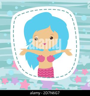 Little Mermaid cute cartoon character printable card vector template. Cute mermaid girl, cartoon character fish woman illustration Stock Vector