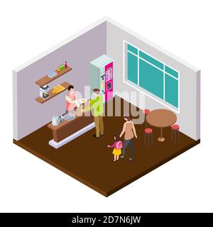Small coffee cafe or shop isometric vector interior. Illustration of cafe interior, coffee shop isometric Stock Vector