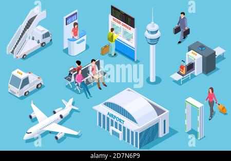 Airport isometric. Passenger luggage, airport terminal. Tower plane passport checkpoint. Business airline travel management vector set. Airport and airplane, luggage and plane illustration Stock Vector