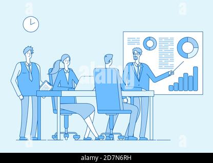 Teamwork concept. Corporate office business people, professional working with friends. Collaboration, planning. Vector line infographic, Office meeting together, team communication group illustration Stock Vector