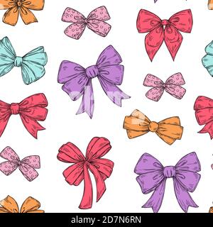 Bows pattern. Fashion tie bows accessories sketch doodles tied ribbons. Holiday seamless vector wallpaper texture. Illustration of ribbon accessory bow, repeat wallpaper Stock Vector