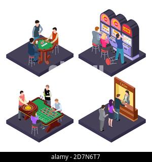Gambling, casino isometric vector composition with slot machines, poker, cash exchange. Gambling play roulette and slot machine, isometry table poker illustration Stock Vector