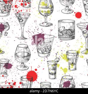 Cocktail party vector seamless pattern with hand drawn drinks and splashes. Illustration of alcohol glass drink, cocktail party Stock Vector
