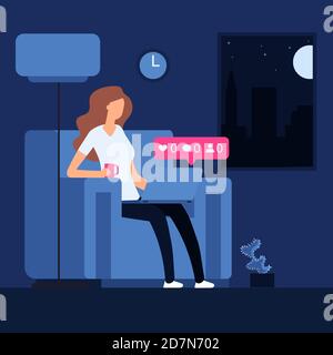 Lonely girl at night with laptop. Loneliness vector concept. Illustration lonely woman, loneliness girl with laptop Stock Vector