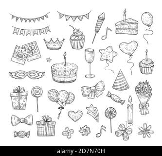 Birthday sketch. Happy birthday celebration party hand drawn items. Cake kids holiday doodle art drawing vector elements. Cake and birthday card, gift box illustration Stock Vector