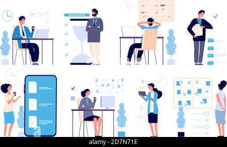 Effective time management. Man managed tasks, planning strategy organized activities schedule isolated vector characters. Illustration management business, schedule strategy calendar Stock Vector