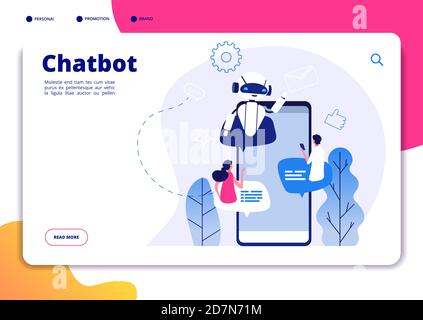 Chatbot. Robotics chatterbot smart robotical conversetion ai bot online talking helping chatbots answering phone vector landing page. Chatterbot mobile service, conversation and chatting illustration Stock Vector