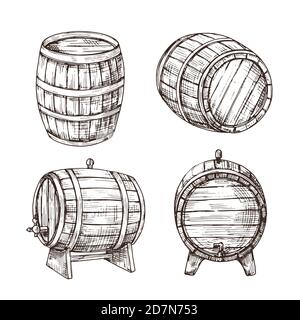 Sketch barrels. Whiskey oak casks. Wooden wine barrel in vintage engraving style. Bar, pub and brewery vector sign isolated. Illustration of cask wood, winery drink and whiskey keg Stock Vector