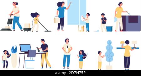 Kids parents cleaning. Mother father children cleaners housework vacuuming sweep household equipment vector cartoon characters. Family do housework, parents cleaning illustration Stock Vector