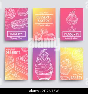 Hand drawn dessert and bakery banners vector collection. Illustration of card with cake and bakery, dessert ice cream Stock Vector
