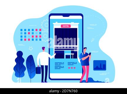 Hotel booking app. Vector tiny people are booking hotel rooms with smartphone. Business trip, vacation planning. Illustration mobile app reserve hotel, service online Stock Vector