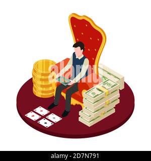 Online casino with banknotes, coins and man with tablet isometric vector illustration. Casino game online, gambling and fortune Stock Vector