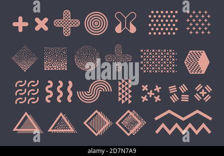 Memphis graphic vector elements. Funky geometric shapes and halftones collection. Illustration of wave and zigzag, stroke funky memphis, composition trend Stock Vector