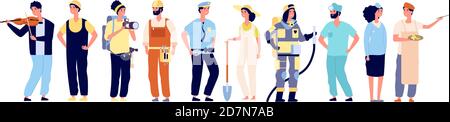 Different professionals. Policeman and fireman, doctor and stewardess, artist and musician, builder. Workers vector characters. Illustration of character fireman and doctor, builder and photographer Stock Vector