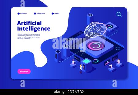 Artificial intelligence concept. Ai smart technology brain networking neural intelligent solutions futuristic landing vector page. Ai intelligence, brain artificial, digital intellect illustration Stock Vector