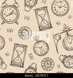 Clock seamless pattern. Sketch time, sketch hourglass and mechanic watch, timepiece vector vintage texture. Illustration of clock and time pattern, mechanic timepiece Stock Vector