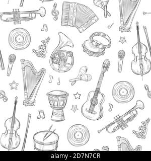 Music seamless pattern. Musical instruments doodles. Rock roll vintage outline hand drawn sketch vector texture. Illustration of music instrument background Stock Vector