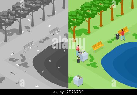 Vector nature or park pollution. Volunteers collect garbage in the park isometric concept. Illustration of volunteer collect trash in park Stock Vector