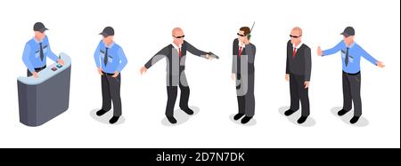Vector isometric set of guards, police officers, agents isolated on white background. Illustration of guard and agent, police officer Stock Vector