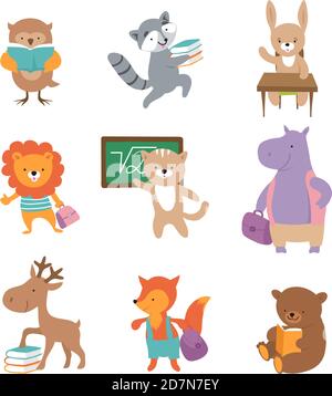 Cute school animals. Bear raccoon lion hare hippo fox, pupils with books and backpacks. Back to school vector characters. Illustration of animal school character, back to study Stock Vector