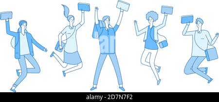 Jumping student. Young happy college students with books friends teenagers smiling in jump. Studying and education line vector concept. Illustration of school student happy jump Stock Vector