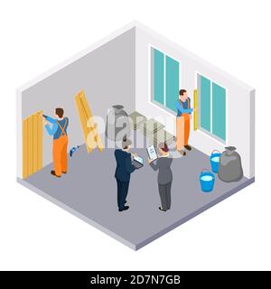 Isometric construction workers, room repair isometric vector illustration. Renovation and repair apartment at house Stock Vector