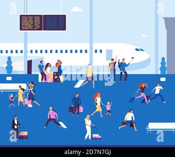 Airport terminal indoor. Couples tourists with suitcase waiting walking in airport terminal passengers traveler travel vector concept. Illustration of airport terminal with travels people Stock Vector