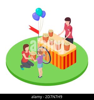 Selling popcorn in the park, a woman gives a boy popcorn basket isometric vector illustration. Popcorn snack, kiosk outdoor Stock Vector