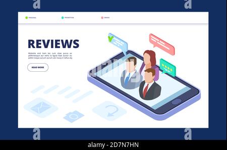 Reviews web banner template. Feedback landing page with isometric vector phone and people. Illustration of comment and message from clients Stock Vector
