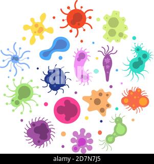 Bacteria germ. Pandemic viruses biological, allergy microbes bacteria epidemiology. Infection germs flu diseases vector colorful cells. Amoeba flu, cell illness infection illustration Stock Vector