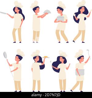 Children cooks. Happy boy, girl little chief cookers, cute kids in uniform cooking in kitchen. Vector cartoon characters isolated set. Illustration of character profession child, girl chef cook food Stock Vector