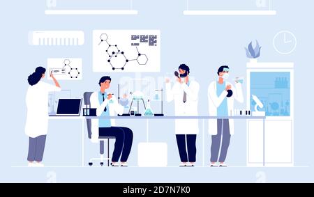 Scientists in lab. People in white coat, chemical researchers with laboratory equipment. Drug development cartoon vector concept. Illustration of scientist in laboratory, science experiment in lab Stock Vector