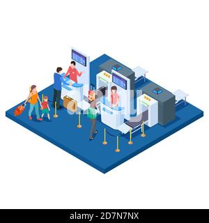 Airport check-in desk, passengers and bags isometric vector concept. Illustration of flight check-in luggage Stock Vector