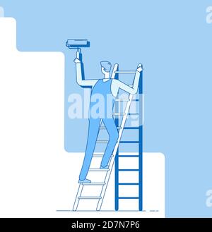 Painter painting wall. Worker on ladder, craftsman paints home walls. House repair service decoration and renovation vector concept. Worker painting wall, housepainter with roller illustration Stock Vector