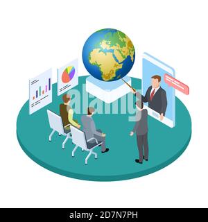 Save the planet isometric concept. Lecture or conference on the earth ecology vector illustration. Conference about planet, presentation report environmental Stock Vector