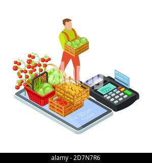 Fresh fruits and greens online market with free delivery vector isometric concept. Illustration of green food, fruit and organic vegetables Stock Vector
