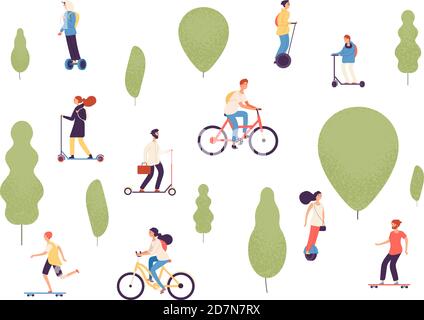 Active people in park. Man woman kids riding electric vehicles bike skateboard skate bicycle roller gyroscooter outdoor vector park. Woman and man ride by scooter and bike in green park illustration Stock Vector