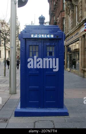Glasgow  police box ( Tardis Style ) in Buchanan St, Glasgow, Scotland, UK. Painted in POLICE blue livery Stock Photo
