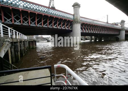 Glasgow, Lanarkshire, Scotland. River Clyde walk showing the numerous bridges over the river, both across and below Stock Photo